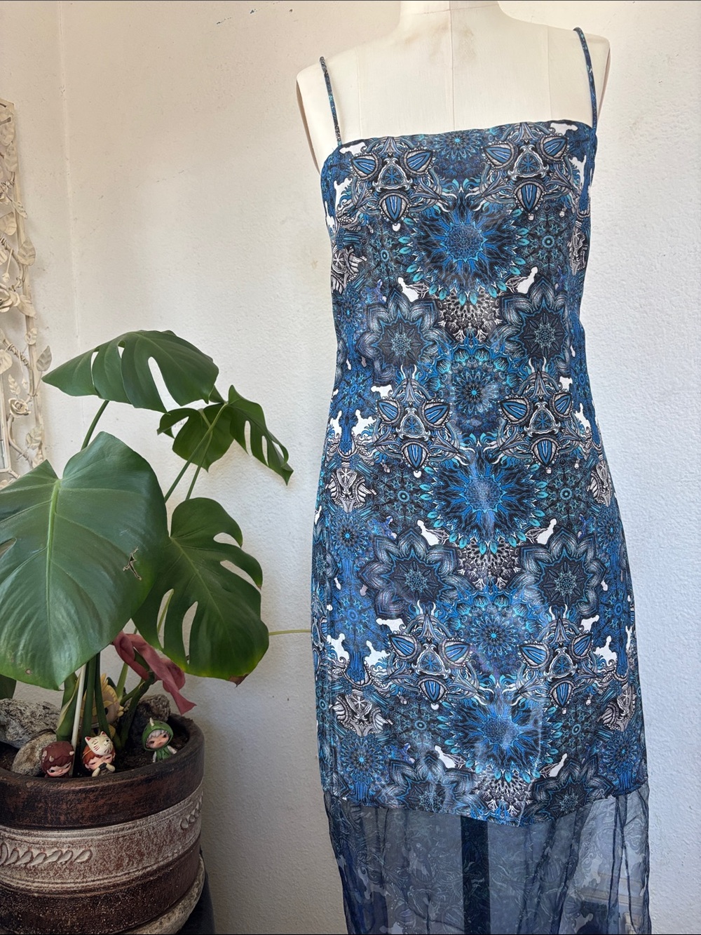 Helmut Lang Navy Patterned High Low Dress